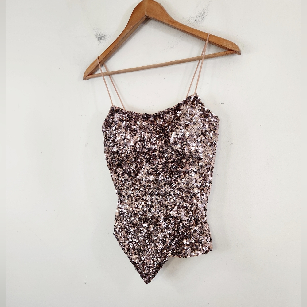 Vintage Rose Gold Sequin Spaghetti Strap Bodysuit